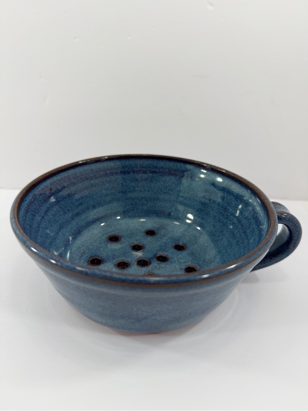 Vintage 1997 Signed Owens Pottery Berry Bowl Blue Glazed Ceramic Colander 5.5"